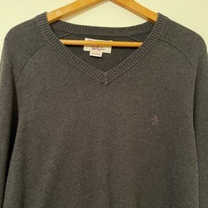 Penguin By Munsingwear 100% Cotton V-Neck Sweater Size XL Black Gray.
